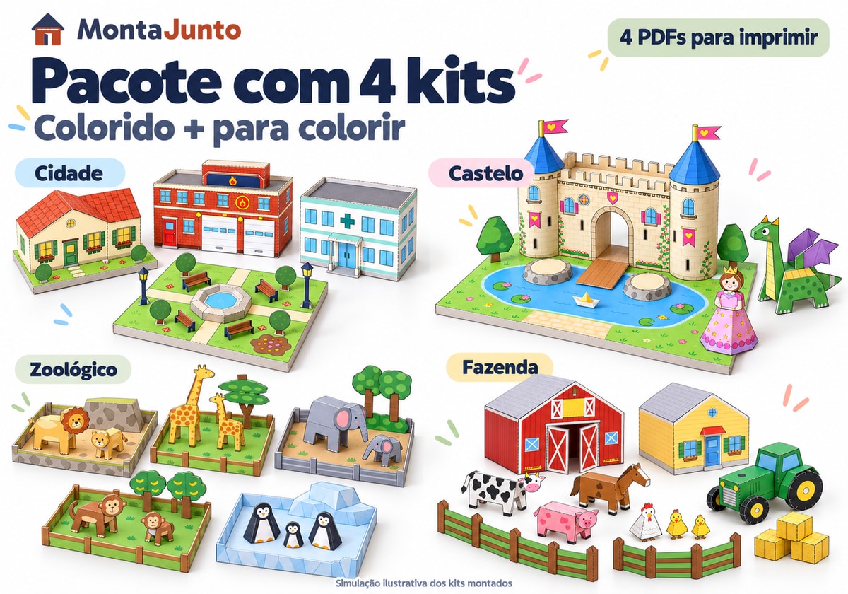 Cidade, Castelo, Zoológico e Fazenda: simulações ilustrativas dos quatro kits montados